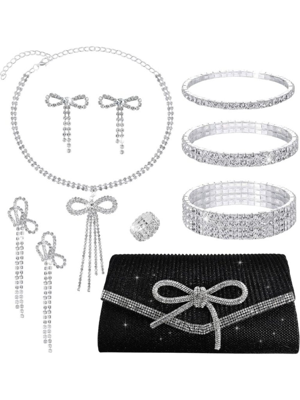 10 Pcs Sparkly Rhinestone Jewelry Set for Weddings, Proms, & Evening Events
